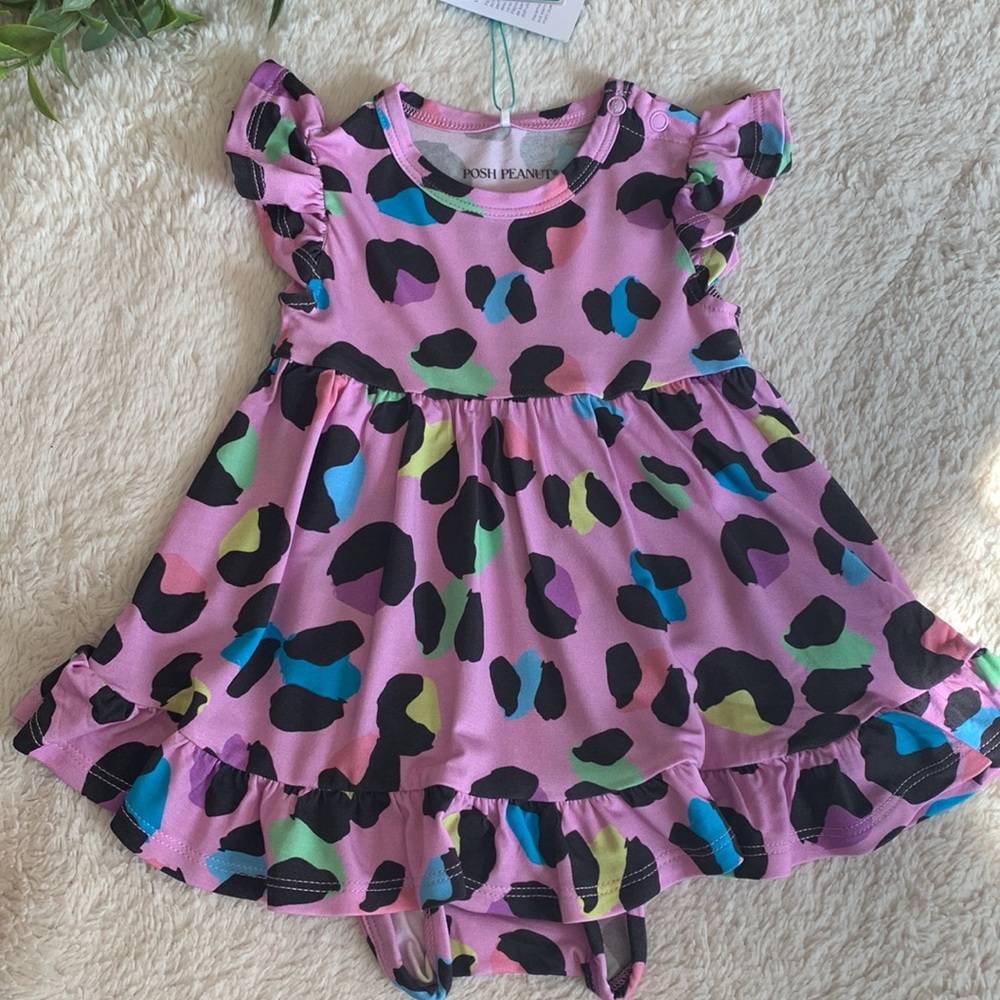 NWT Posh Peanut Electric Leopard Ruffle Bodysuit Dress 6-12M Purple - Picture 4 of 8